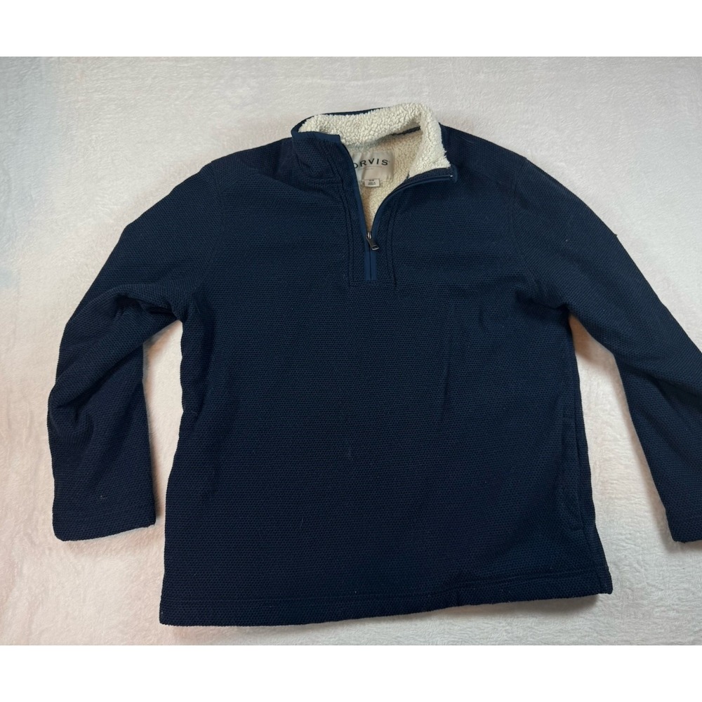 Orvis Mens Navy Blue Sherpa Lined Fleece 1/4 Zip Pullover Sweater Size M Outdoor